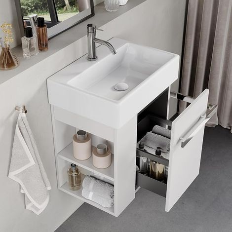 Bathroom Cabinet 50 cm with Ceramic Basin, Cushioned Closing Drawer, Towel Handle, Left / Right Option, Matte White (1/5)