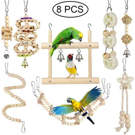Ensemble de 6 ou 8 jouets pour oiseaux comprenant une balançoire, des jouets à mâcher, des jouets suspendus, des perchoirs et des jouets en bois, ainsi que des accessoires pour cage à oiseaux. (1/5)