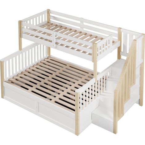 Letto a castello 90 x 200 cm + 140 x 200 cm con contenitore, bianco e naturale (1/5)