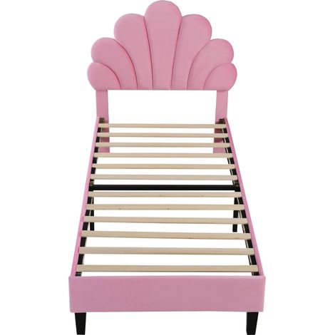 Cama infantil tapizada 90 x 200 cm de terciopelo rosa con cabecero flor y somier de lamas HOMVRA (1/5)