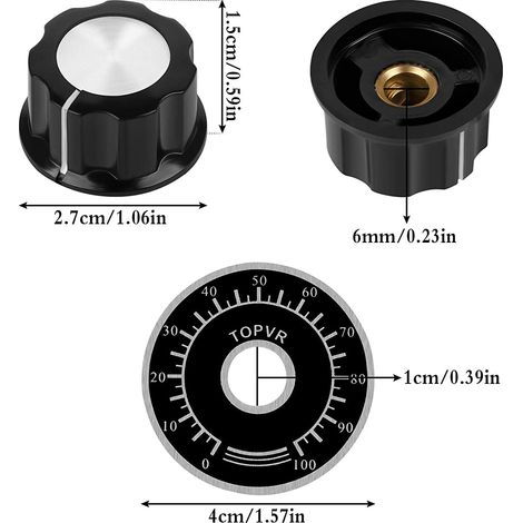 5 PCS Bouton de Potentiomètre 6mm / 27mm Boutons Moletés de Potentiomètre Capuchon Rotatif de Contrôle du Volume avec Plaque d'échelle à Cadran Numérique MF-A03 (1/5)