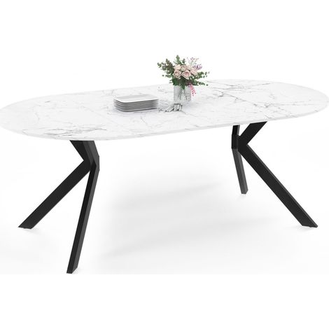 Table à manger extensible ronde ALIX 4-10 personnes pied araignée noir et bois effet marbre blanc ALASKA 110 - 200 cm (1/5)