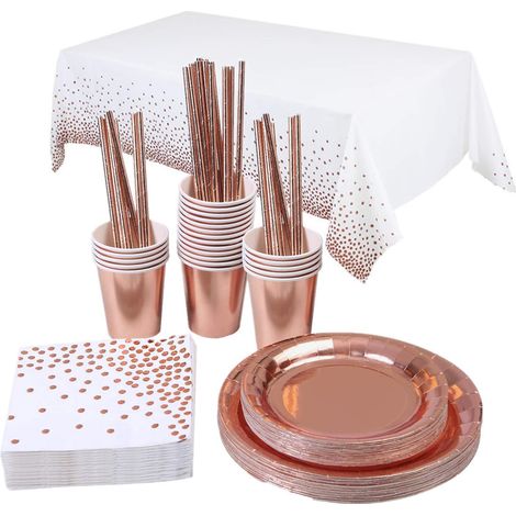 Rose Or Assiette Jetable Vaisselle Lot, Papier Assiette Jetable Gobelets Serviette Nappe Vaisselle pour Decoration Anniversaire Fille Femmes Enfants, BBQ Party Fête Mariages Camping 16 Invités (1/5)