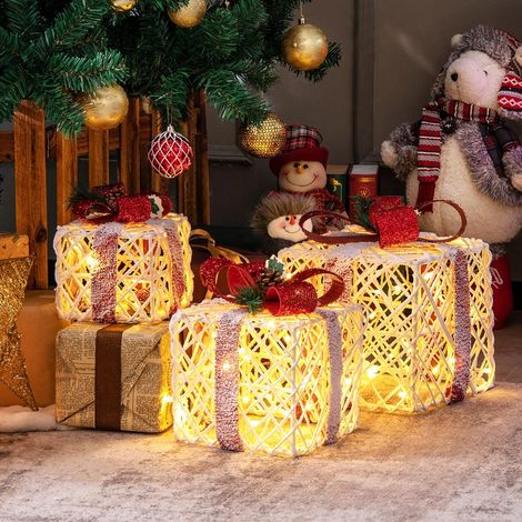 COSTWAY Lot de 3 Boîtes à Cadeaux Lumineuses de Noël 60 LED avec Minuterie 6H et Pommes de Pin et Feuilles pour Décoration de Noël, Fêtes (1/5)