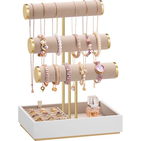 Porte-Bracelet, Présentoir à Bijoux, Support Bracelet, 3 Niveaux et Plateaux en Velours, Support Amovible, Blanc Nuage et Marron Camel (1/5)