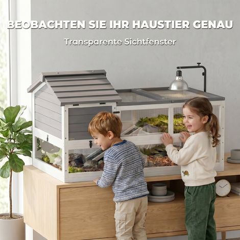 Maison pour tortues en bois gris, enclos extérieur avec deux abris, toit ouvrant, support pour lampe chauffante (1/5)