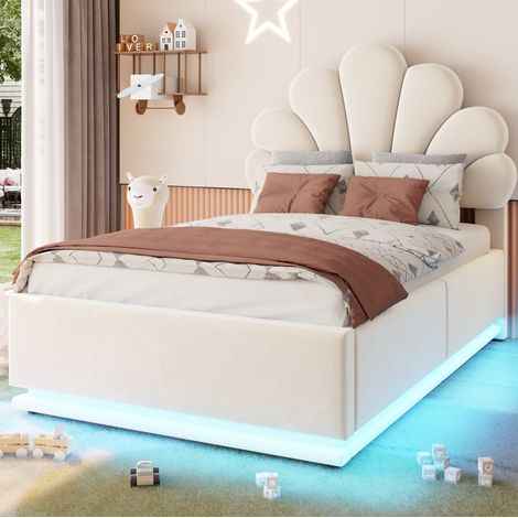 Letto contenitore 90 x 200 cm con testiera a fiore, LED e rete sollevabile beige HAVRYA (1/5)
