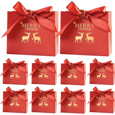 10 Pièces Sacs Cadeaux de Noël, Sac Cadeau avec Ruban, Sachet Bonbon, Petit Sacs de Noël, Motif Estampé à Chaud Représentant un Élan, Réutilisable Cadeaux Noëls pour Emballage de Cadeau Rouge