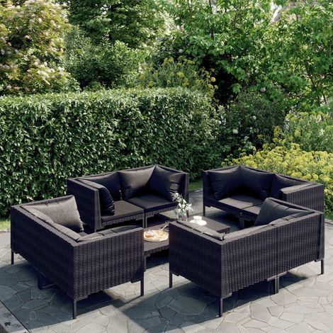 Salon de jardin 9 pcs,Mobilier de terrasse,Table et Chaise pour Relax avec coussins Résine tressée Gris foncé -YZ990341 (1/5)