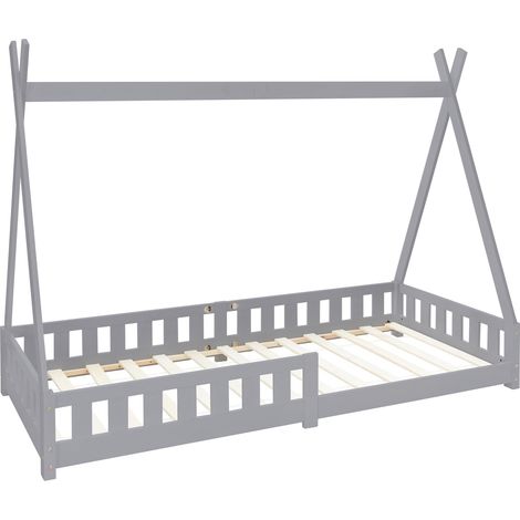 ML-Design Lit d'Enfants Tipi 90x200 cm Gris Clair avec Protection Antichutes et Sommier à Lattes, Bois de Pin, Maison d'Enfant d'Intérieur avec Clôture, Tente de Jeu Indien pour Filles /Garçons (1/5)