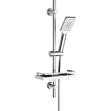 Colonne de Douche avec Étagère Douche, Barre de Douche INOX 70 cm Ensemble de Douche avec Douchette à main 3 Jets et Tuyau pour Salle de Bain, Rectangulaire, Chromée (1/5)