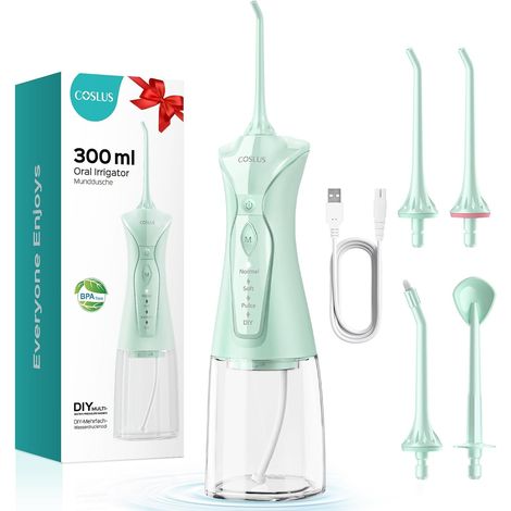 Hydropulseur Jet Dentaire Portable, Mode Bricolage Amélioré Réservoir De 300 Ml, 4 Modes (Doux Et Précis) Pour Toute La Famille, Sans Fil Pour La Maison Et Les Voyages, Vert Brillant (1/5)