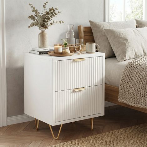 Set di 2 comodini 40, 2 cassetti, mobile contenitore con frontali ondulati, piedini in metallo, tavolino da notte per camera da letto e soggiorno, stile moderno(40×40×55cm, Bianco) (1/5)