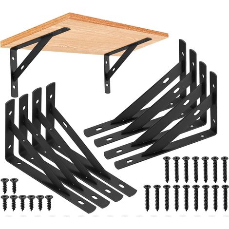 Juego de 8 soportes para estantes de pared, 15 x 9,5 cm, soportes triangulares de 90 grados fabricados en metal resistente, marco flotante, color negro. (1/5)