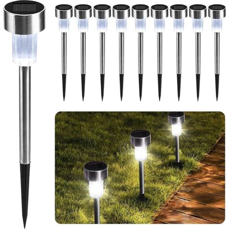 Lot de 10 lampes solaires de jardin à DEL étanches et rechargeables en acier inoxydable pour éclairage d'allée, lampes solaires d'extérieur pour jardin (blanc)