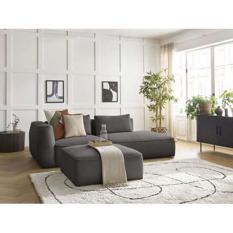BOBOCHIC - Canapé droit fixe 3 places LEOPOLD velours côtelé avec pouf Accoudoir gauche Taupe (1/5)