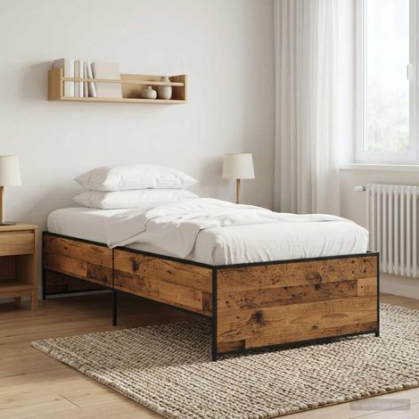 Cadre de lit 80 x 200 cm en bois d’ingénierie, lattes fixes, pieds en acier, bois ancien - PANGIVO (1/5)