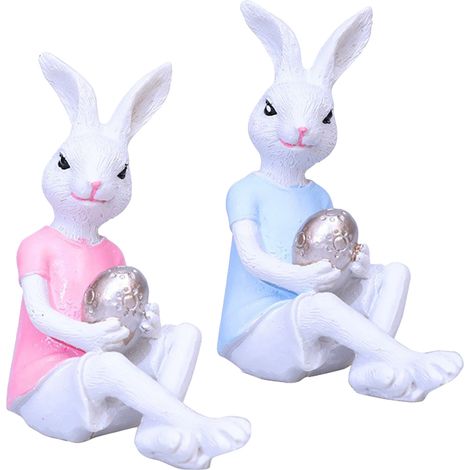 Lot de 2 Lapins de Pâques HA0023A et HA0023B Décoration Artisanale Bleu Rose avec Œuf Doré (1/5)