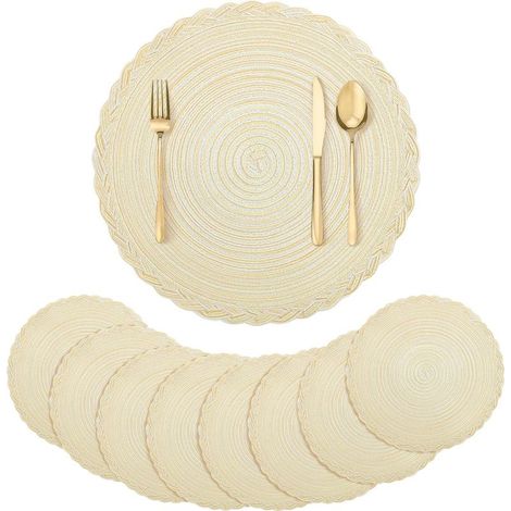 Ensemble de 8 sets de table ronds en coton tissé beige de 38 cm, parfaits pour les fêtes et un usage quotidien. (1/5)