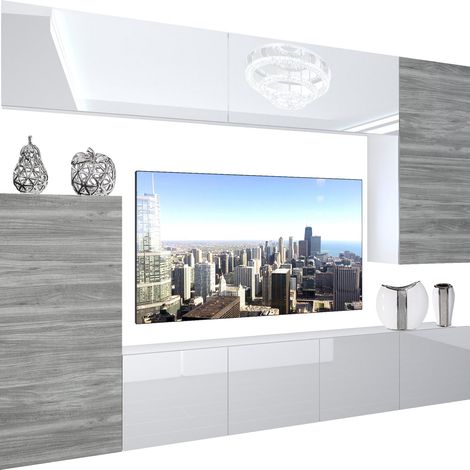 BELINI Wohnwand Wohnzimmer-Set Vollausstattung Moderne Schrankwand mit LED-Beleuchtung Anbauwand TV-Schrank Weiß/Glamourholz (1/5)