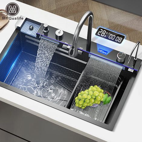 Évier de cuisine cascade en acier inoxydable 304 – Grand bac unique avec robinet à affichage numérique, distributeur de savon et lave-tasses intégré