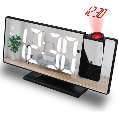 Réveil à Projection Plafond Radio FM - Réveil Electronique Enfant Écran Miroir Double Alarmes Affichage Température Et Humidité 4 Niveaux De Luminosité avec Plug USB-Noir (1/5)