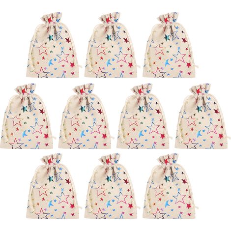 Sachet Cadeau Noël Lot de 10 Pochette Lin Lavable Motif Étoile pour Bonbons, Snacks, Fruits Secs (1/5)