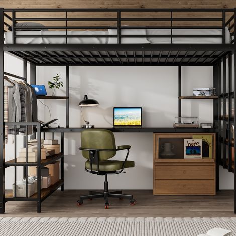 Lit mezzanine 120x200 cm, lit enfant avec bureau et porte-manteau, structure métallique, grand espace de rangement, échelle en bois, dispositif anti-basculement, design, Noir (1/5)