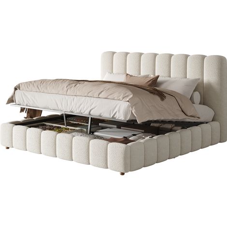 Polsterbett Doppelbett 160 x 200 cm aus Bouclé, Hydraulischer Stauraum und Gepolstertes Kopfteil, ohne Matratze, Weiß (1/5)