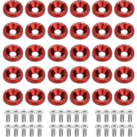 30 Paires M6 Rondelle Anodisé en Aluminium et Vis M620mm en Acier Inoxydable, Rondelle Aluminium Anodisé Carénage, Rondelle de Pare-chocs pour Pare-Chocs Garde-Boue de Voiture (Rouge) (1/5)