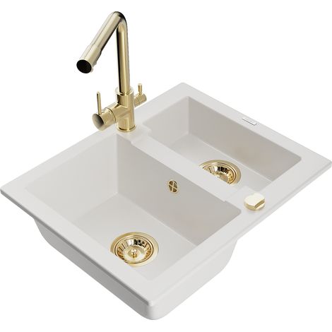 Mexen Carlos fregadero de granito de 1,5 senos con grifo de cocina Duero, blanco - 6518-20-671600-50 (1/5)