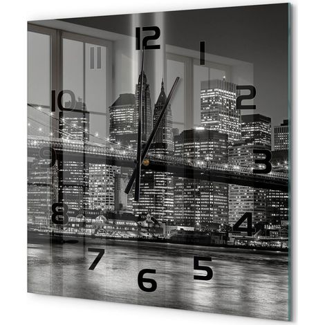 Grande Horloge Murale Carrée Verre Trempé Silencieuse Facile à Lire Design Moderne Manhattan, New York 60x60 cm (1/5)
