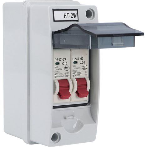 Boîte de distribution étanche extérieure SG, coffret électrique modulaire 2 modules, disjoncteur MCB type C 16A + 20A, 230V/400V AC, protection circuit alimentation. (1/5)