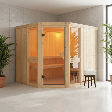 Sauna d'angle bois massif Amelia 3 Karibu 6-8 places 231x196cm (1/5)