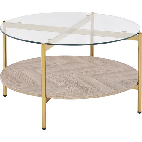 Mesa de centro moderna tablero de vidrio templado estructura de metal 1 estante madera clara dorado Lovell (1/5)