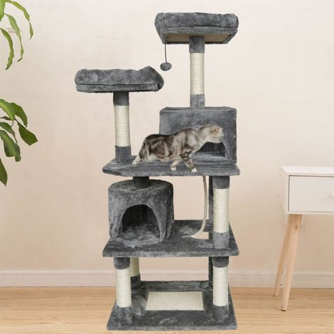 – Arbre à chat 148 cm – Griffoir avec base large – 2 niches, 2 perchoirs, 2 boules de peluche, corde sisal – Gris (1/5)