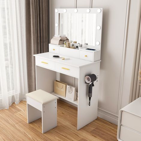Coiffeuse avec éclairage LED à 3 niveaux, prise de courant et support pour sèche-cheveux – 4 tiroirs + panier de rangement – Tabouret rembourré inclus – Blanc, L80/H137/P40 cm.
