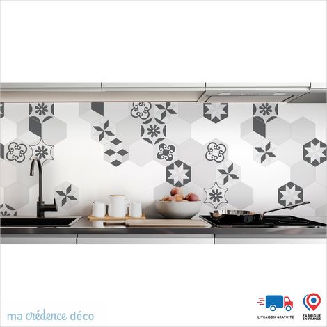 Crédence : Carreaux Ciment Hexagonal 3 - Couleur Gris platine - Alu composite - 60 - 120 (1/3)