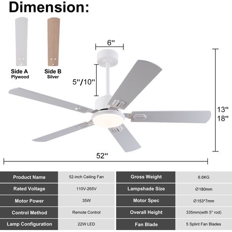 Ventilateur de plafond plat 52 pouces avec LED dimmable et télécommande. 5 pales double finition,moteur réversible 6 vitesses avec fonction mémoire.