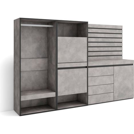 Skraut Home - Zapatero, Armario zapatos botas, 227x145x35 cm, Dormitorio, habitación, Vestidor abierto, Cómoda, Cajonera, Listones Decorativos, Estilo Moderno, Gris Cemento (1/5)