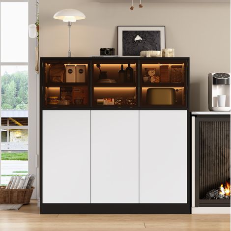 Buffet salon cuisine avec 3 portes en verre, 3 portes blanches, LED, 100 x 40 x 105 cm (1/5)