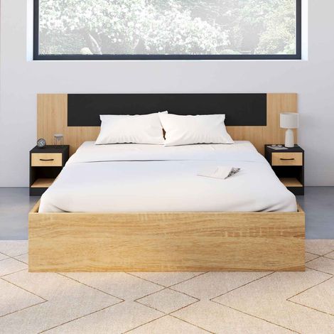 Cabecero SAPA con mesillas regulables para cama de 140/160 cm, efecto madera y negro (1/5)