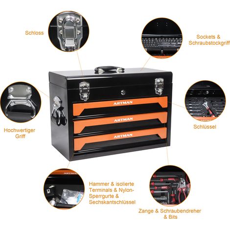 Lot transportable 3 niveaux, 4 étagères, barre en acier, compartiment haut avec accessoires, pour atelier, garage ou studio, noir et orange