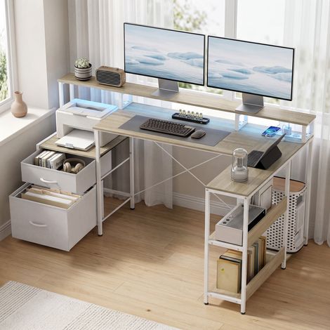 Bureau d'angle avec prises électriques et éclairage LED RGB, bureau d'ordinateur, 172 x 100 cm, support pour écran, 2 tiroirs, blanc