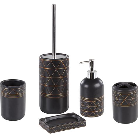 Accesorios de baño set dispensador de jabón art deco de cerámica dorado negro vaso escobilla de váter Lanco (1/5)