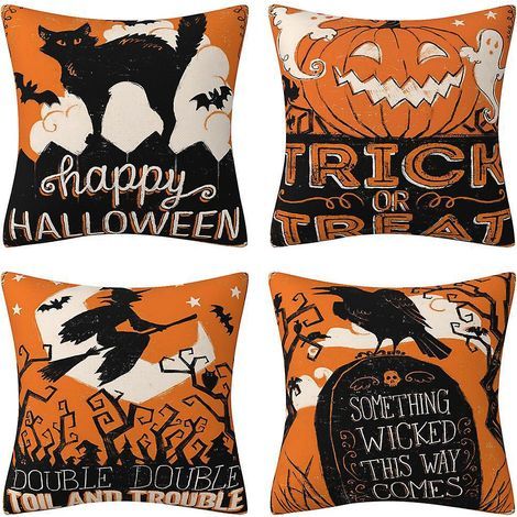 45x45 cm, 4 pezzi - Federa per cuscino di Halloween in lino, arancione, decorazione per la casa di Halloween, cuscino per divano (1/4)