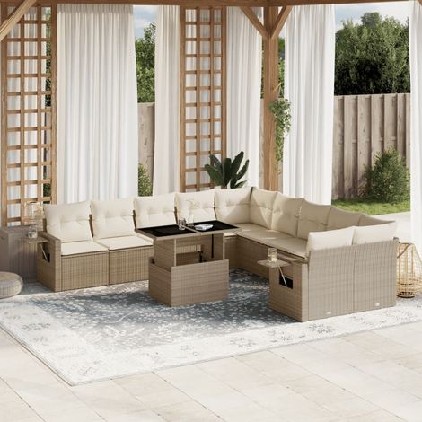 Ensemble de jardin en résine tressée beige 11 pièces avec coussins - Canapé, fauteuils, table extensible (1/5)