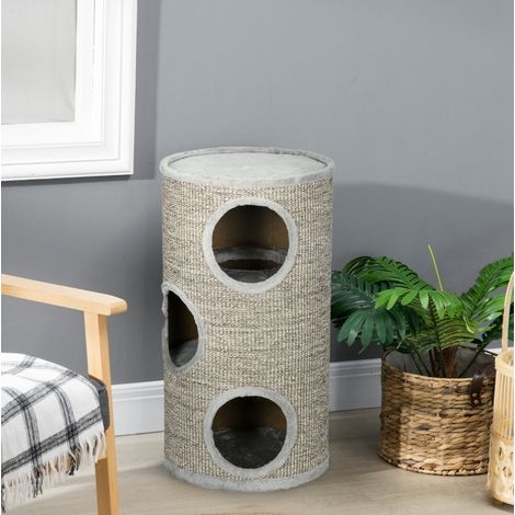 Tour griffoir chat 38x38x70 cm en bois gris clair, 3 niveaux, sisal, salon FloraGrace (1/5)