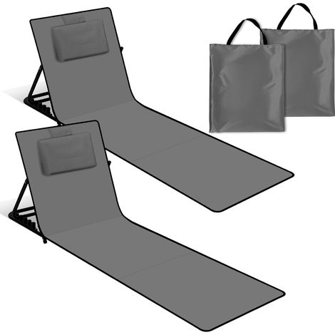 Wolketon 2x Strandmatte mit Rückenlehne Gepolstert klappbar UV-beständig Tasche Reißverschluss Kissen Tragegurt Garten Camping Picknick Liegematte 158 x 55cm, Dunkelgrau