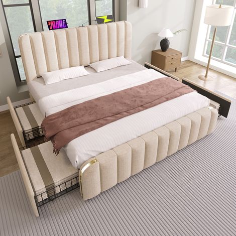 Polsterbett 180x200 cm mit 4 Schubladen und USB-Ladefunktion, Doppelbett aus Leinen in Beige, Bettgestell mit Lattenrost und Stauraum (1/5)